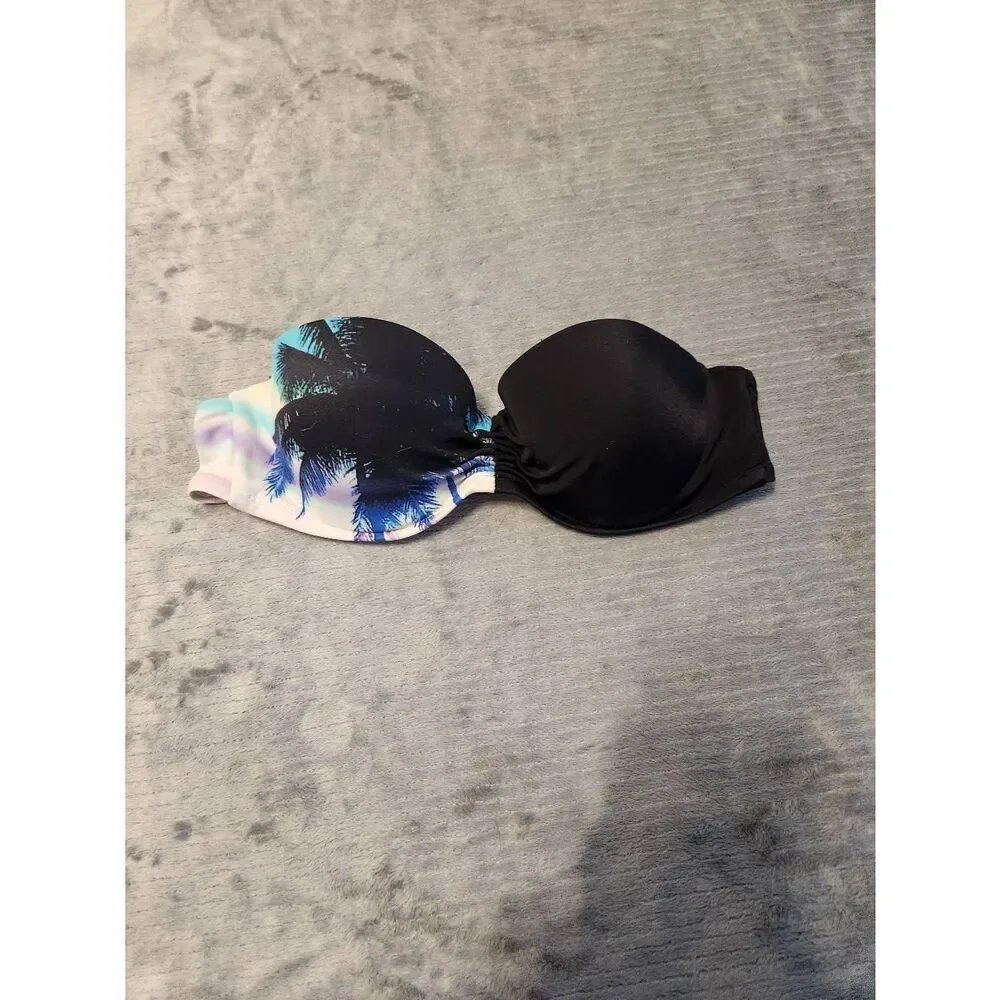 Victoria's Secret Swim 32B Strapless Bandeau Bikini Top Tropical Print Black